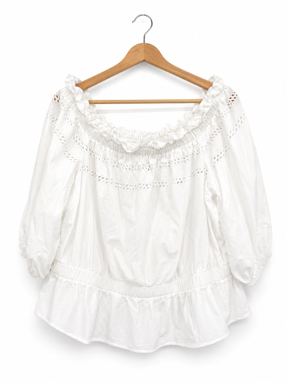 Ryegrass White Eyelet Peasant Blouse Women's 1X Off Shoulder Cottagecore Cotton